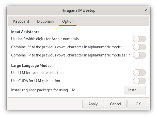 「Hiragana IME Setup」Window